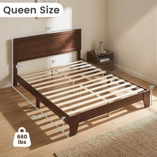 KOMFOTT Queen Size Bed Frame, Mid-Century Modern Platform Bed with Headboard, Wooden Slat Support Mattress Foundation, Under-Bed Storage Space, No Box Spring Needed (Walnut,Queen)