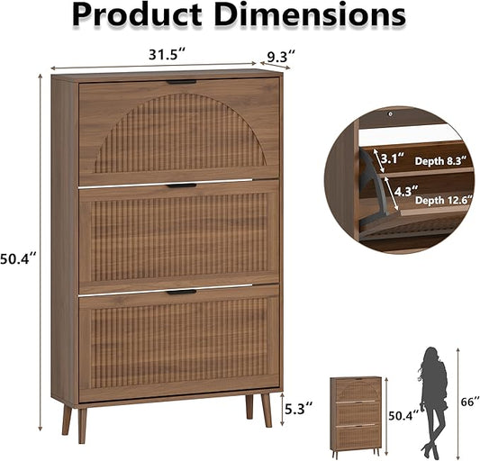 BORNOON Shoe Cabinet for Entryway with 3 Flip Drawers, Slim Wooden Shoe Storage Organizer with Modern Fluted Pannel,Freestanding Narrow Hidden Shoe Rack for Hallway, Foyer, Living Room