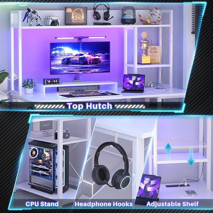 Cyclysio Gaming Desk with Hutch, 47'' Computer Desk with LED Lights & Power Outlets, Home Office Desk with Reversible 5 Tiers Storage Shelves & Monitor Stand, Small Gaming Table for Small Space, White