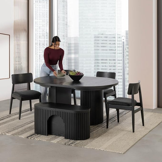 Transformer Table - Solid Wood Extendable Round Dining Table Set with Bench and 4 Chairs, Seats 4-10, Extendable Round Dining Set, Black (Table + Bench + 4 Chairs)