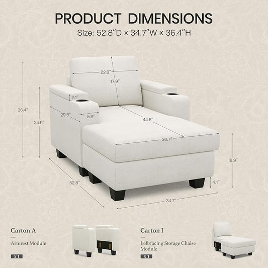 Belffin 52.8" Deep Storage Chaise Lounge with Cup Holder for Apartment Couch Beige