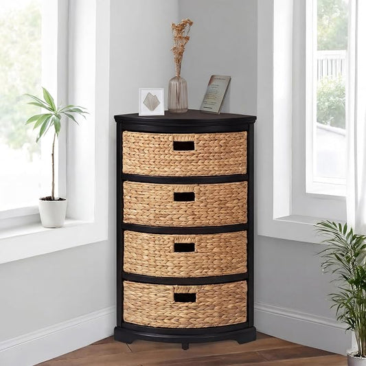 eHemco Hampton Meadows 4 Tier X-Side Corner Table Storage Cabinet with 4 Wicker Baskets, Black
