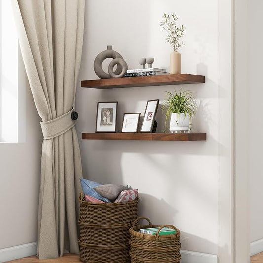 fuqing 30 Inch Floating Shelves for Wall Set of 2, Rustic Wood Wall Shelves for Living Room Bedroom Bathroom Home Office - Walnut