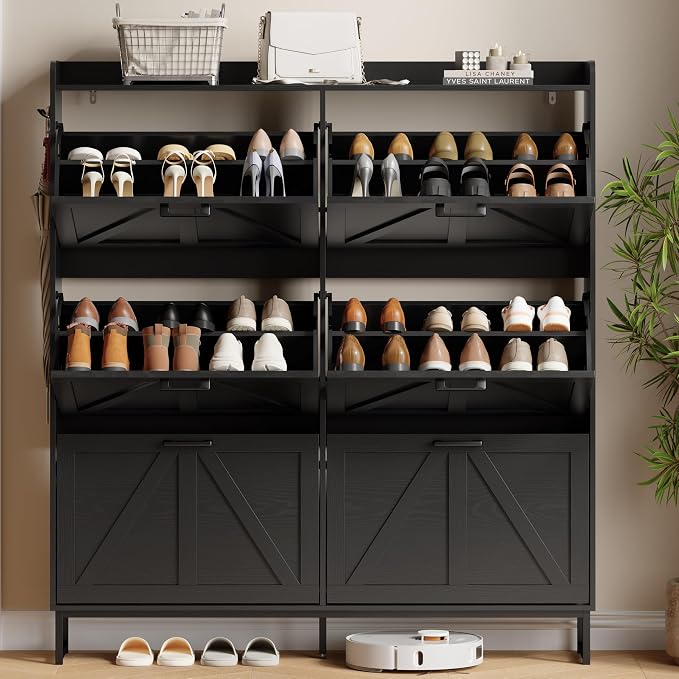 Shoe Cabinet with 6 Flip Drawers, Freestanding Hidden Shoe Storage Organizer for Entryway, Narrow Slim Shoe Rack Cabinet with Open Storage & Hooks for Front Door Entrance, Living Room, Hallway, Black