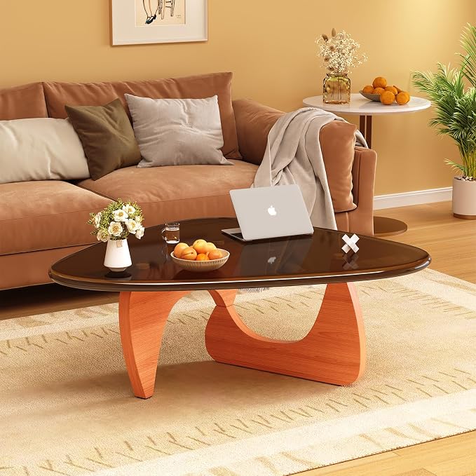 Coffee Table for Living Room Mid Century Modern Center Small Table with Glass Top and Wood, Walnut Brown(36 Inch)