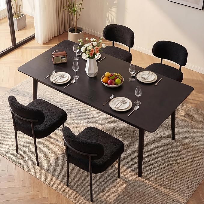 Beige Boucle Dining Chairs, 6-Pack, Black | Curved Backrest, Comfortable Upholstered, Mid Century Modern, Kitchen Dining Room