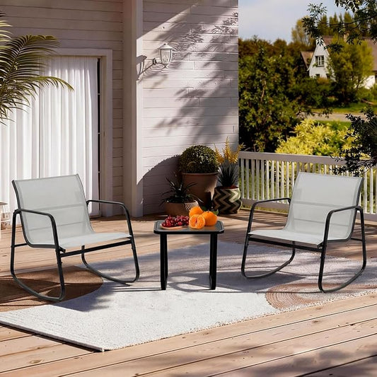 DUMOS 3 Piece Patio Rocking Furniture Set,Outdoor Patio Furniture Conversation Set with Table, Patio Sectional Bistro Sets for Lawn, Garden, Balcony, Poolside (Gray)