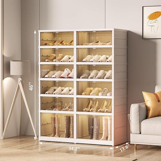 SYNCVIBE Shoe Rack Organizer for Closet Entryway Foldable Sneaker Storage Shoe, Collapsible Shoe Cabinet, Stackable Shoe Storage Cabinet with Lids for Living Room (6 Tiers 24 Pairs)