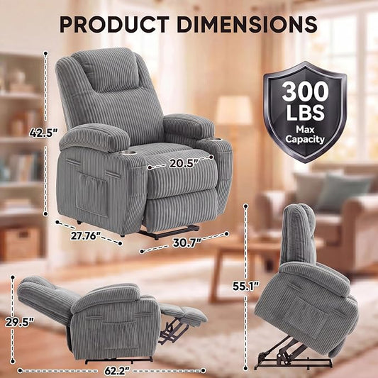 Flamaker Power Lift Chair Massage Recliner Chairs for Elderly, Corduroy Ergonomic Design with Cup Holders & Side Pockets, Remote Control (Dark Gray)