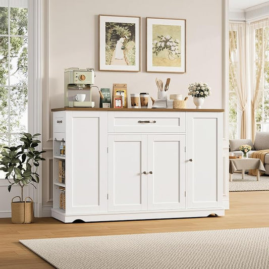 HOSTACK Kitchen Island Cart with Storage, 47'' Kitchen Storage Island on Wheels with 2 Drawers, Rolling Island Table with Adjustable Shelves, Mobile Buffet Sideboard Cabinet for Dining Room, White