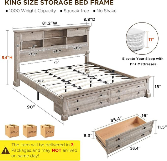 Farmhouse King Size Bed Frame with 54" Tall Storage Bookcase Headboard, 18" Roman Column Decoration Footboard,2 Drawer & 4 Storage Rack, Wood Platform Bed Frame, No Box Spring Needed(Light Rustic Oak)