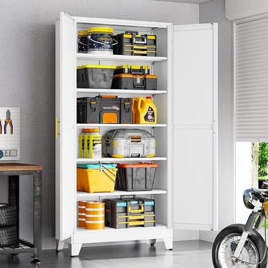 75" White Tall Metal Storage Cabinet with 2 Doors and 5 Adjustable Shelves,Steel Garage Tool Cabinet, File Cabinet,Kitchen Pantry Cabinet for Home,Office,Garage,School,Warehouse