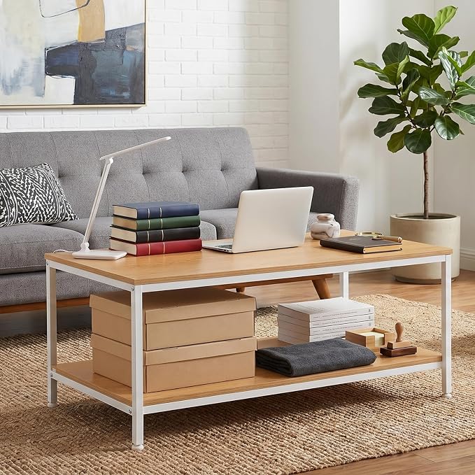 SUPER DEAL 2-Tier Coffee Table with Storage Shelf for Small Apartment Living Room, Rectangle Wood and Stable Metal TV Stand Side End Table, Natural Wood