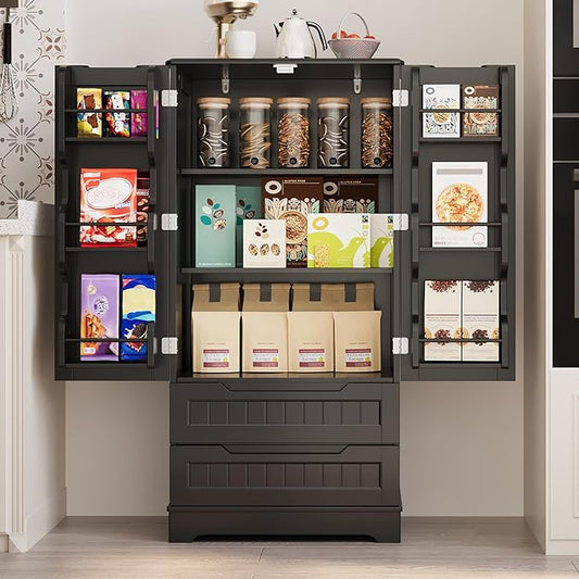 Gizoon Kitchen Pantry Cabinet with Drawers, 47" Small Food Pantry Storage Cabinet with 6 Door Shelves for Snack and Spice, Freestanding Craft Storage Cabinet for Craft Room, Black, Painted