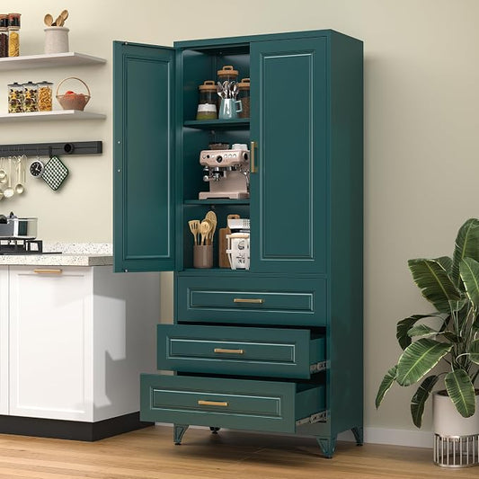 75" Metal Pantry Storage Cabinet with 3 Drawers, Green | Premium Cold-Rolled Steel Frame, Luxury Gold Handles, Adjustable Inner Shelves, Magnetic Doors, Anti-Tipping Kit