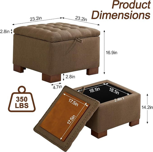 WUTUTUEE 24" Fabric Square Storage Ottoman with Wooden Tray, Modern Tufted Button Footstool Coffee Table, Upholstered Small Ottoman for Living Room, Bedroom, Brown