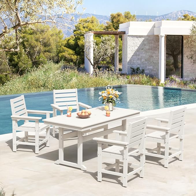 Rectangle Outdoor Dining Tables for 6, HDPS Weather Resistant Patio Dining Table, 66" Outdoor Tables with 1.96" Umbrella Hole for Porch, Balcony, Backyard, White