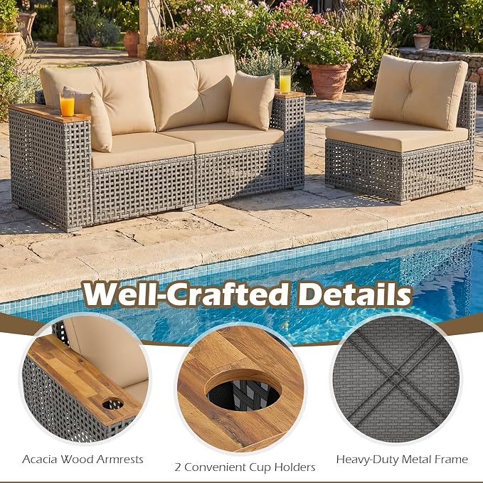 Tangkula 86.5" Large 3-Seat Patio Wicker Sofa, 3 Pieces PE Rattan Sectional Furniture Set with Cup Holder & Wood Armrest, Outdoor Couch Set with Armless & 2 Corner Sofas for Garden, Yard, Porch, Brown