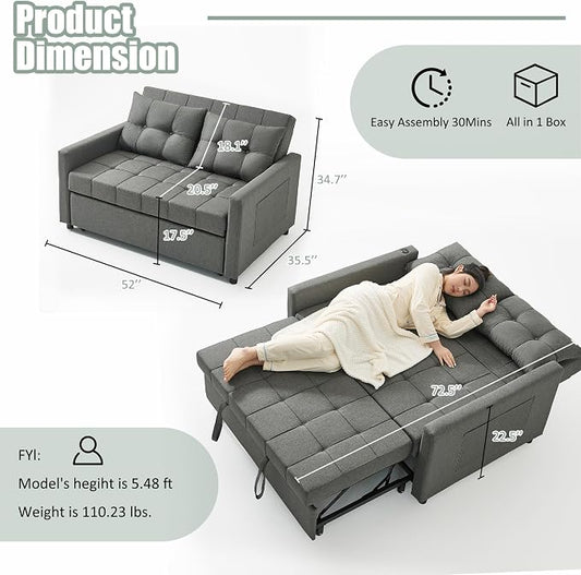 GOSUHI 52" Sleeper Sofa with Pull-Out Bed, 3-in-1 Convertible Sofa Bed, Set of Loveseat with Stepless Adjustable Backrest and Side Pocket, for Living Room Dorm Apartment, Linen, Dark Gray