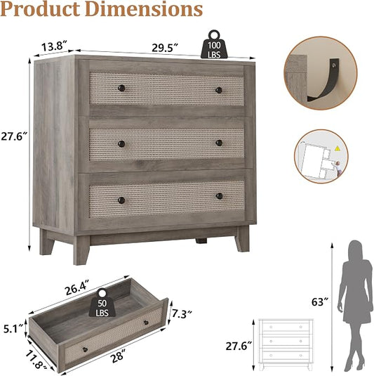 Rattan 3 Drawer Dresser for Bedroom, Small Boho Dresser with Wood Handles, Wood Nightstand, 29.52" Wide Modern Dresser, Chests of Drawers for Living Room, Entryway, Hallway, Wood Gray