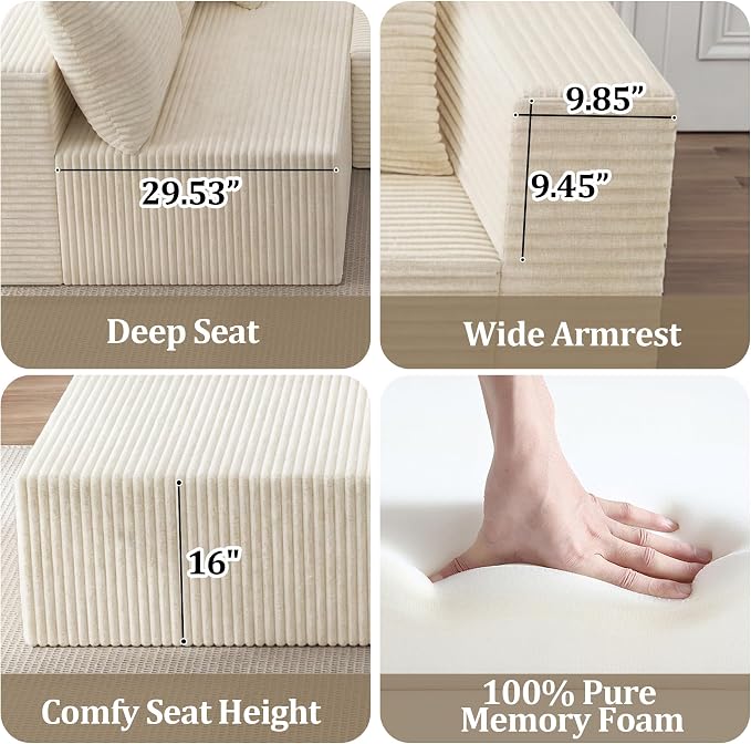 108" Modular Sectional Sofa, L-Shape Cloud Couch with Deep Seats & Chaise,4-in-1 Covertible Corduroy Boneless Couches for Living Room,Bedroom,No Need Assembly - Beige(Right Facing Chaise)