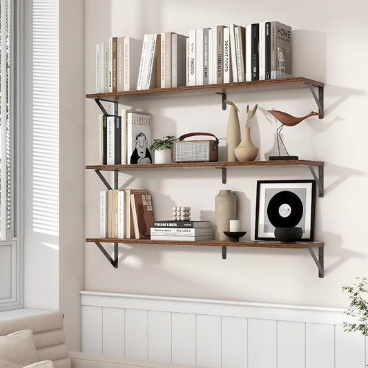 Axeman 40'' x 8'' Floating Shelves Set of 2, Rustic Walnut Wall Shelves with Brackets, Engineered Wood, Includes Mounting Hardware, 45Lbs, Ideal for Books, Plants, Kitchen Utensils and Decorations