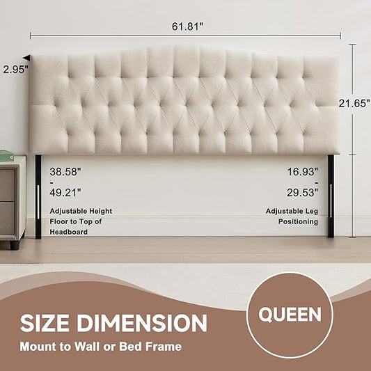 Tufted Upholstered Queen Size Headboard Only, Adjustable 38-50 in, Beige | Queen Headboard for Queen Size Bed, Durable Linen Fabric Headboards, Modern Diamon Design Wood Head Board