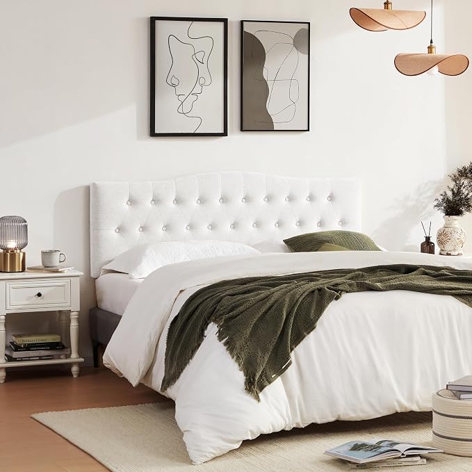Tufted Headboard California King Size, Sturdy Solid Wood Head Board, White | Upholstered California King Headboard with Solid Wood Legs, Adjustable Height 37-51 in, Fabric Button Diamond HeadBoards