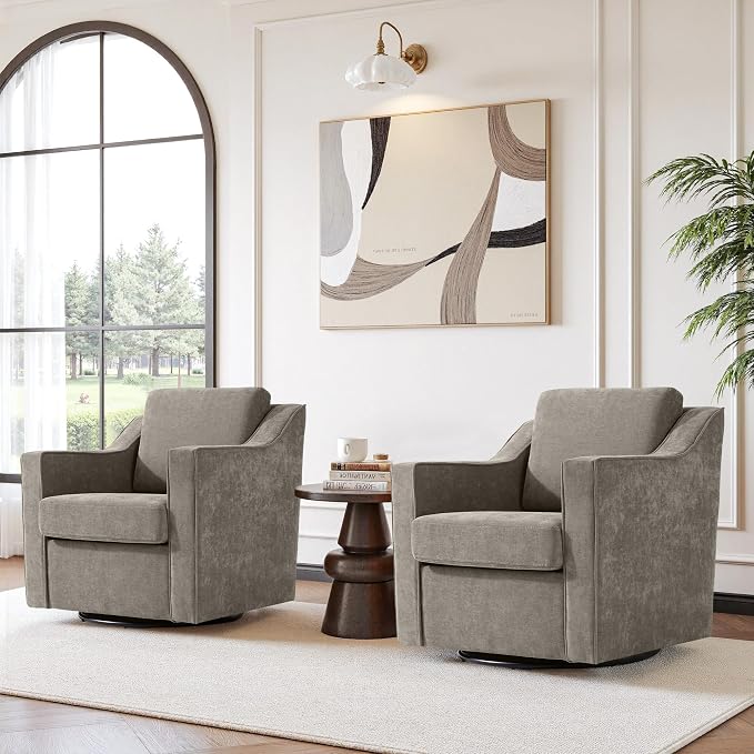 Swivel Accent Chair, Modern Round Barrel Arm Chair for Living Room, Bedroom, Comfy Club Reading Chairs for Adults (Chenille Sand, Set of 1)