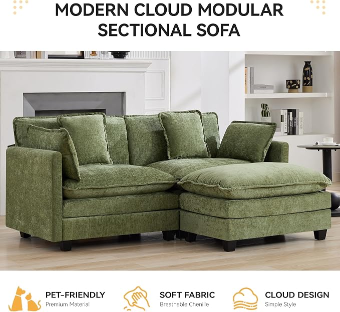 76'' Cloud Deep Seat Loveseat Sofa, Upholstered Chenille Modular 2-Seats Sectional Sofa Couch with Movable Ottoman, Modern Comfy Settee Loveseat for Living Room Set, Small Apartment, Green