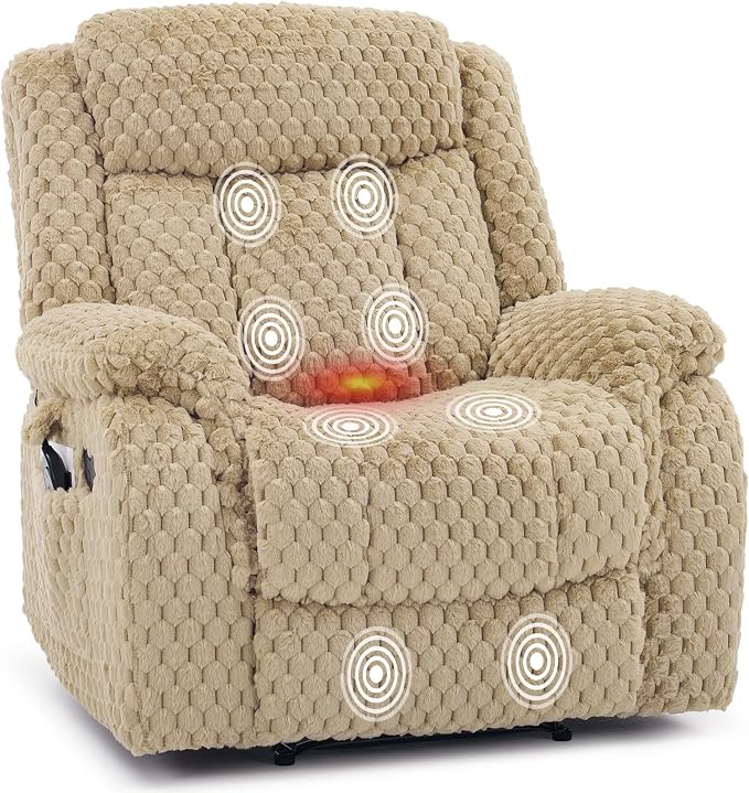 Massage Recliner Chair with Heat, Plush Faux Fur Recliner Chairs for Adults, 39" Wide Manual Reclining Ergonomic Lounge Chair, Overstuffed Wall Hugger Recliners for Living Room, Sand Yellow