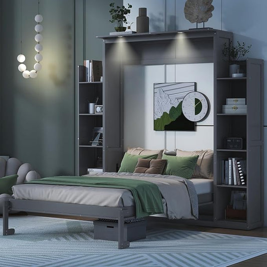 Ball & Cast Full Size Murphy Bed Wall Bed with Shelves and LED Lights,can be Folded,Hideaway Cabinet Bedframe W/ 2 Five-Layer Cabinets,Slat Support,No Box Spring Needed,for Apartment,Bedroom,Gray