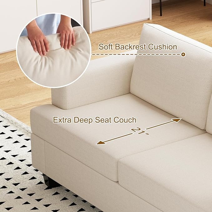 Furnimart 85 inch Deep Seat Sofa, Modern 3 Seater Couch, Beige Linen Sofa, Comfy Cloud Couch for Living Room, Cozy Fluffy Sofas with Removable Sofa Cover, Small Couches for Small Spaces