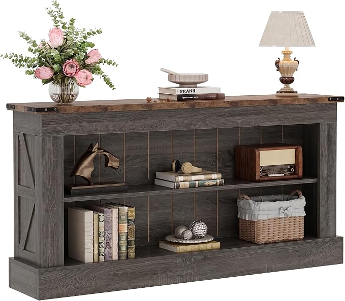Tribesigns 63-Inch Long Console Table for Entryway, Narrow Long Entry Table with Shelves for Living Room, Farmhouse Sofa Console Behind Couch, for Foyer, Hallway, Gray and Brown