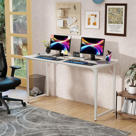 PayLessHere | 55 Inch Computer Desk | White | Office Desk with Metal Frame, Adjustable Feet | Water-Resistant, Scratchproof Surface | Sturdy Writing Table for Home Office or Study | Pack of 1