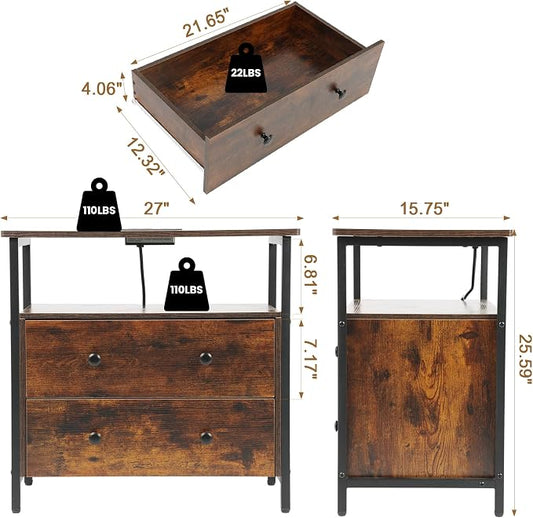 Edbuosy 27 inch Wide Night Stand with Charging Station, Bedside Table with Open Shelf, 2 Drawers Small Wood Dresser, Modern Wood Nightstand for Bedroom/Living Room, Retro Brown