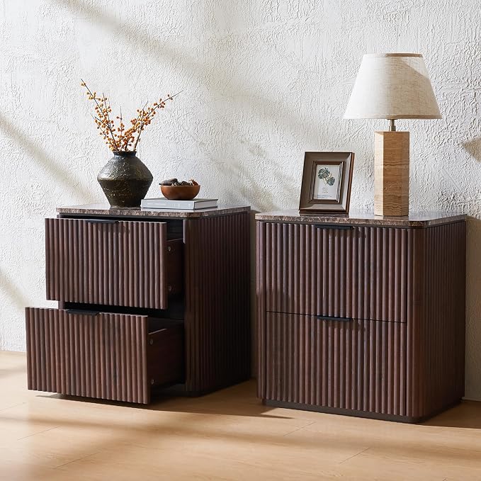 Fluted Nightstands Set 2 with Faux Marble Top, Modern Bedside Table | FSC-Certified Engineered Wood, 24" H, 2 Drawers, Rounded Corner, Metal Handle, for Bedroom, Dark Oak