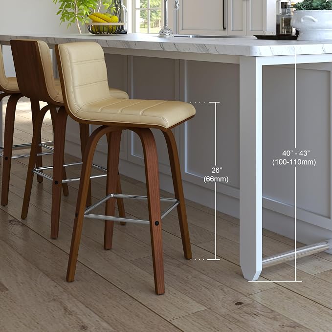 Vienna 26" Swivel Counter Stool in Walnut Wood Finish with Cream Faux Leather - Set of 2