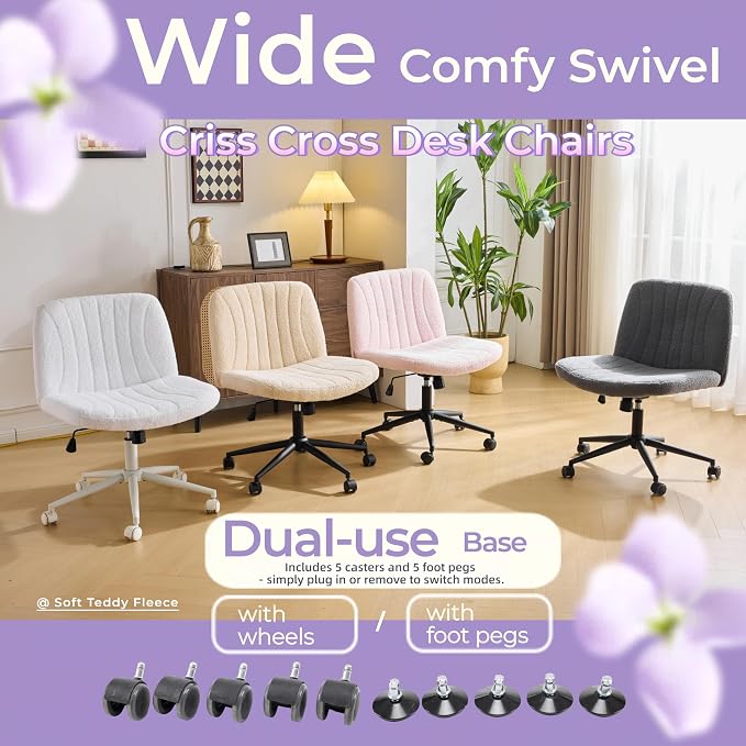 VINGLI Criss Cross Legged Chair,Wide Comfy Office Desk Chair,Dual-Use with/no Wheels Computer Task Chair,Swivel Armless Vanity Boucle Chair for Study,Make Up,Home Office,Teddy Fleece,Dark Grey