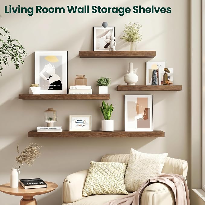 Floating Shelves for Wall 16 in x 9.3 in Deep, Wall Mounted Rustic Wood Shelf with Invisible Brackets for Storage & Display, Living Room Bedroom Bathroom, Walnut, 2 Pack