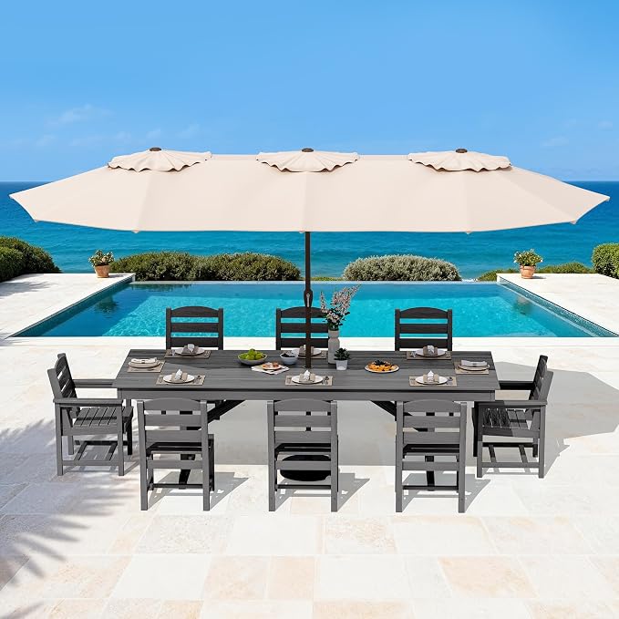SERWALL 9 Piece 84" HDPE Outdoor Dining Set with 6 Armless Chairs, 2 Armchairs and Umbrella Hole for 8, Gray