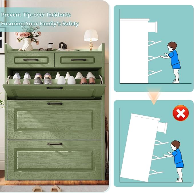 Shoe Cabinet with 3 Large Flip Drawers and 2 Storage Drawers, Narrow Shoe Organizer Cabinet Fits for Kinds of Shoes, Hidden Shoe Storage Cabinet for Entryway, Hallway, Green