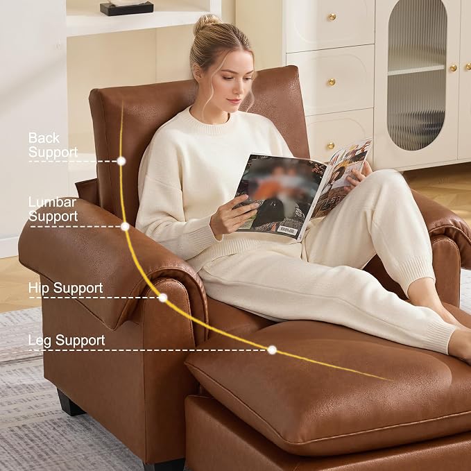 44.5" Faux Leather Oversized Single Sofa with Movable Ottoman, Accent Chair with Curved Armrests, Cloud Modern Sofa Upholstered Reading Lounge Armchair for Living Room, Bedroom,Brown