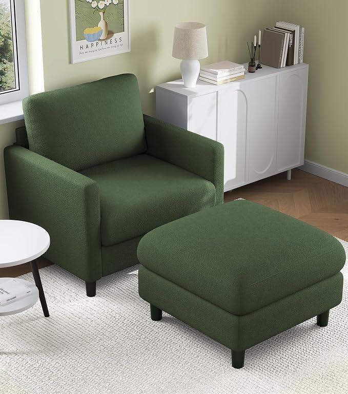 Welzona Sofa Accent Chair with Ottoman, 33" Reading Chair and Ottoman Set for Bedroom, Tool-Free Setup Living Room Accent Chairs, Comfy Arm Chairs Living Room, All-Wood Reading Nook, Green