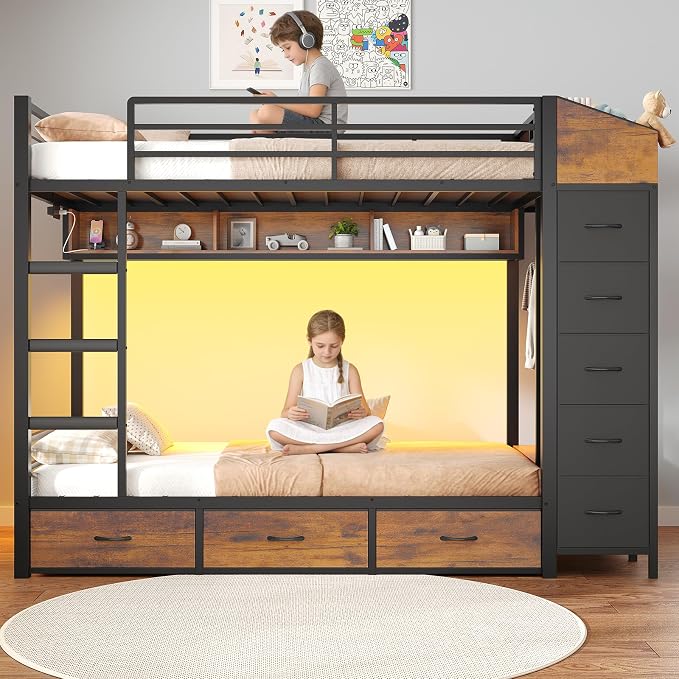 VIAGDO Bunk Bed Twin Over Twin with 8 Storage Drawers and Power Outlets, LED Twin Bunk Beds with Hall Tree and Shelves, Metal Bunk Beds with Safety Guardrail & Ladder for Dorms, Kids, Black