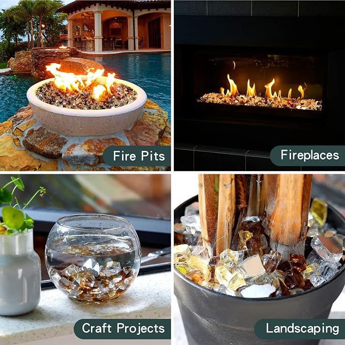 Mr. Fireglass Blended Reflective Fire Glass for Fire Pit Fireplace and Landscaping, 10 Pounds 1/4 Inch Mixed Colored High Luster Fire Rocks for Outdoor and Indoor Use Copper+Gold+Platinum
