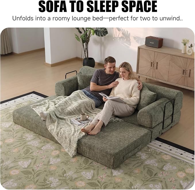 78.8" Memory Foam Boneless Couch, Corduroy Floor Sofa Bed, Convertible Sleeper Futon Loveseat, Wide Armrests & Back Support, Supports Up to 1200 lbs, Couch in a Box with 2 Pillows, Moss Green