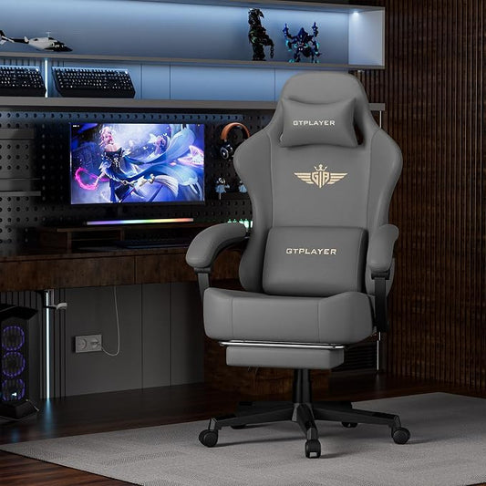 GTPLAYER Gaming Chair with Pocket Spring Cushion, Big and Tall Gamings Chairs 350LBS High Back Computer Chair with Footrest for Adults Lumbar Support Swivel Game Chair for Office, Leather Grey