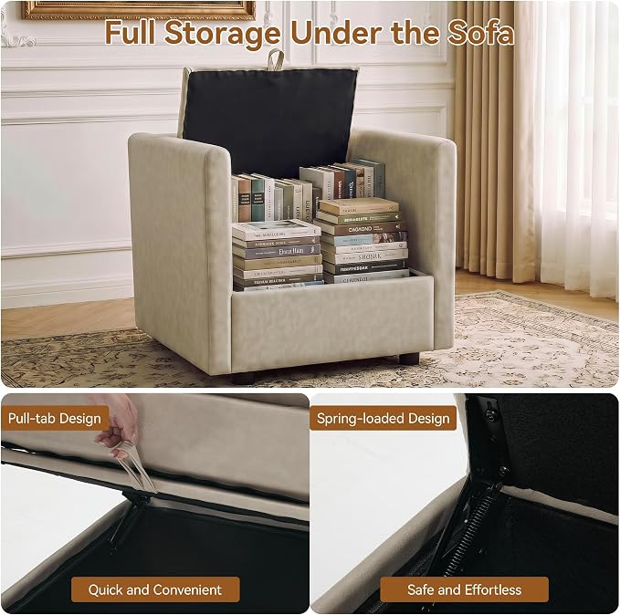 30" Beige Faux Leather Sofa Chair, Single Cloud Accent Chair with Storage | Modern Upholstered Deep Seat Sofa Chair, Comfort for Reading, Lounging, and Small spaces, Armchair for Living Room, Bedroom
