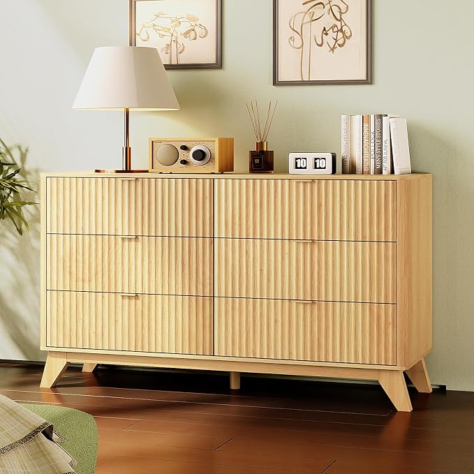 VINGLI Fluted Dresser for Bedroom, 6 Drawer Dresser w/Rounded Edges, Mid Century Modern Dressers Natural Wood Color, 46.8" W*15.6" D*31" H